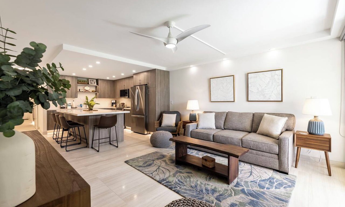 Kihei Condo | BRAND NEW REMODEL-OCEAN VIEW-GROUND FLOOR-LARGE LANAI-AC-MODERN FINISHES