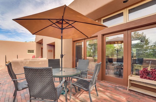 Nambe Pueblo House | Heated Pool Access! Mtn-View Santa Fe Home, Patio