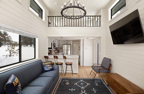 Flagstaff Cabin | Spruce Cabin w Roof Top Deck - Spacious Floor Plan, Modern Look, Sleeps 5 with separate bedroom, full kitchen and second story viewing deck.